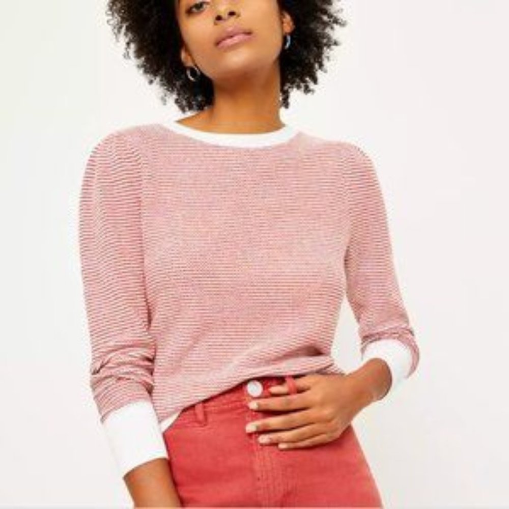 NWT LOFT Puff Sleeve Zig Zag Knit Sweater in Firecracker Orange